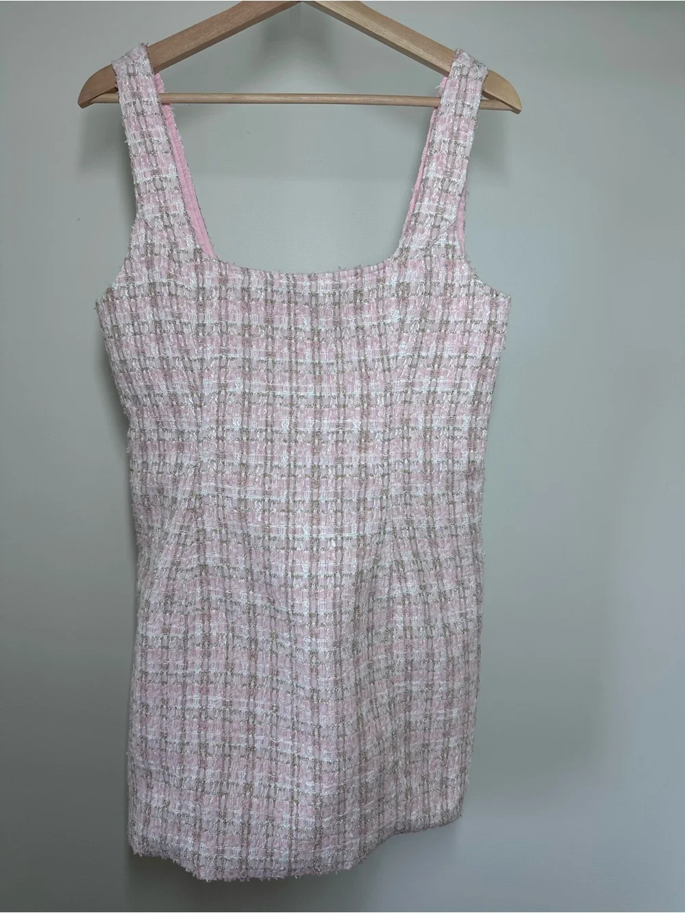 NWT Rumored Twiggy Tweed Square Neck Mini Dress in Pink Shimmer